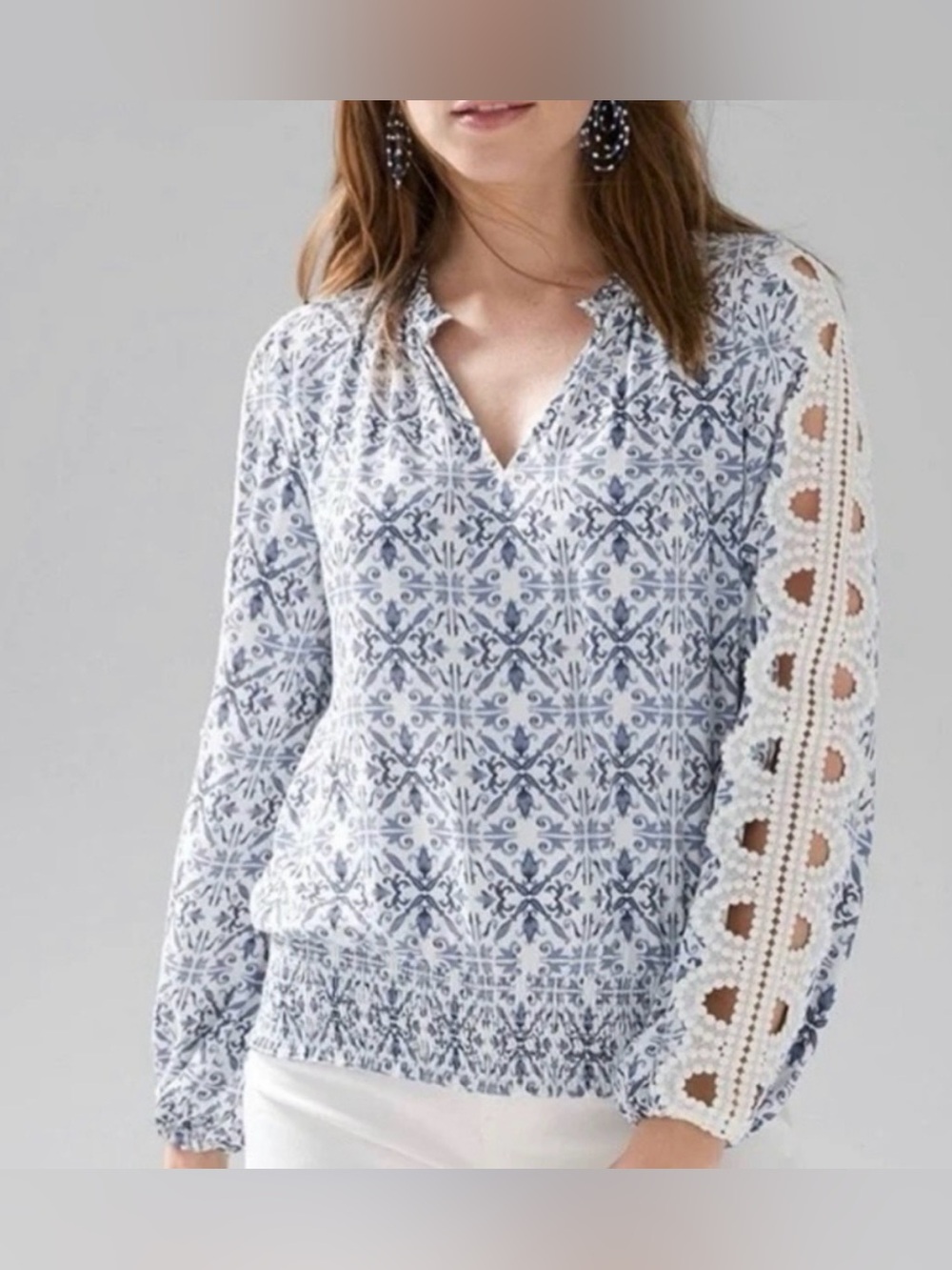 White House Black Market Lace Open Sleeve Blouse Smocked Hem Top Blue White S